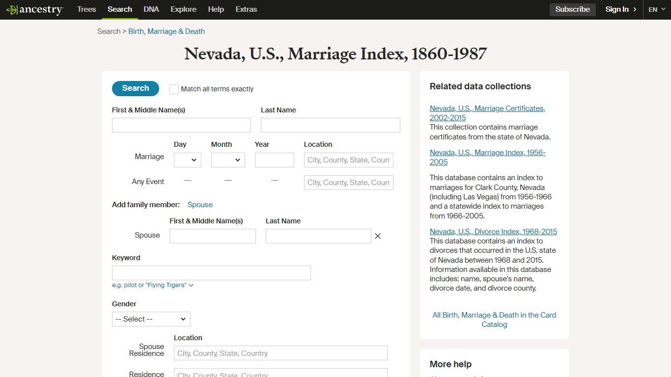 Nevada, U.S., Marriage Index, 1860-1987 - Ancestry